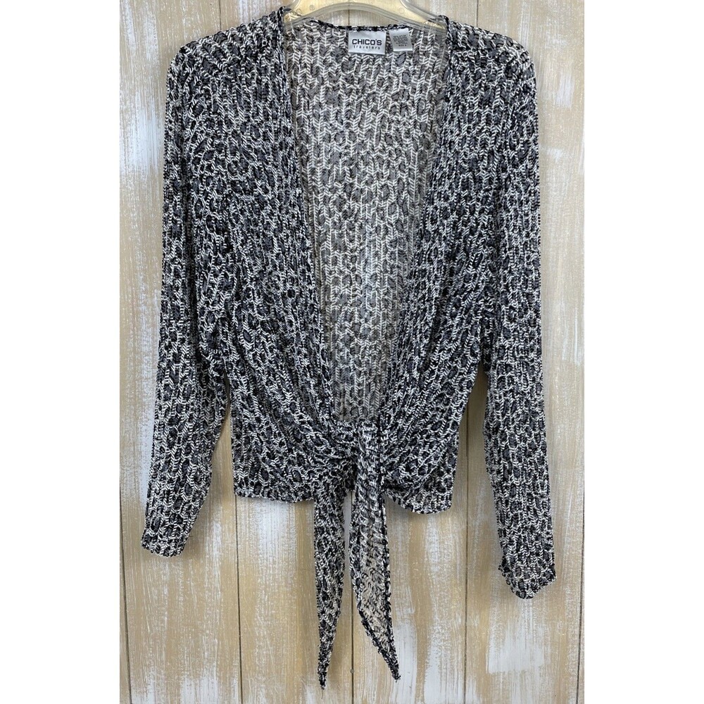 Chico's Travelers Size 2 (L) Black White Cheetah Print Open Front Tie Cardigan